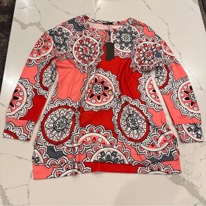 Ouges Womens Orange Damask Floral Print Blouse Top Size XL Soft Casual Pullover